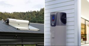 Solar hot water and heat pump shown side by side